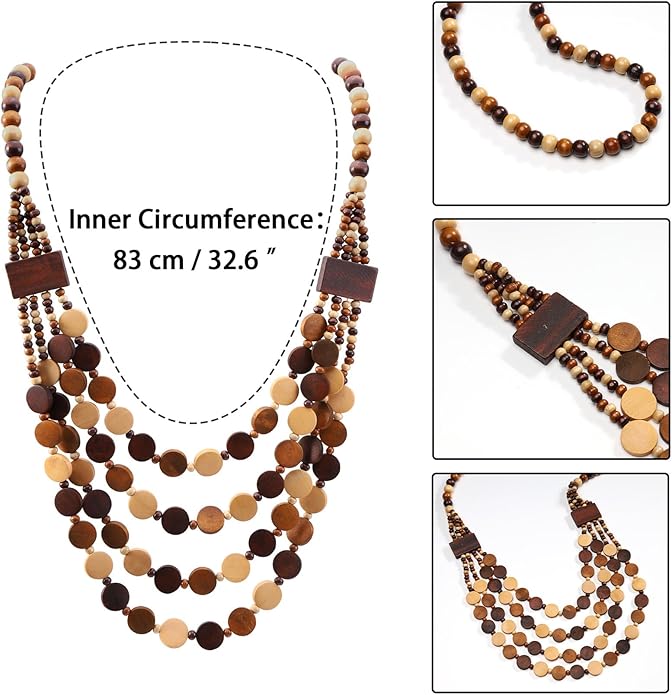 MILAKOO Wood Beads Necklace & Earrings for Women Chunky Multi-Layering Choker Necklace Ear Pendant