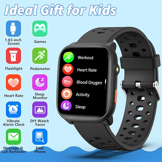 Kids Smart Watch with Puzzle Games, 1.83" Kids Watches Heart Rate, Sleep Monitor, Pedometer, Alarm Clock, Flashlight, Gift for 6-16 Year Old Boys Girls Toys (Black)