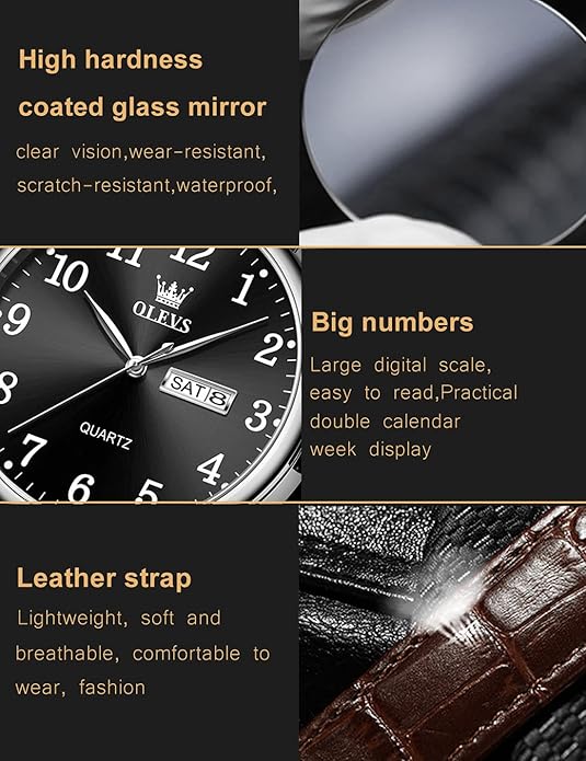 OLEVS Mens Watches, Casual Leather Watches for Men Easy to Read Quartz Number Watch with Date Waterproof Blue/Black/Silver Face Men's Wrist Watches…