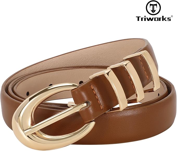 TRIWORKS Women Leather Belt for Jeans Pants Fashion Ladies Skinny Faux Leather Dress belt with Gold Buckle