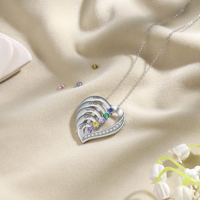 GLAMCARAT Personalized mothers necklace with birthstones names sterling silver jewelry for women customized engraved necklace