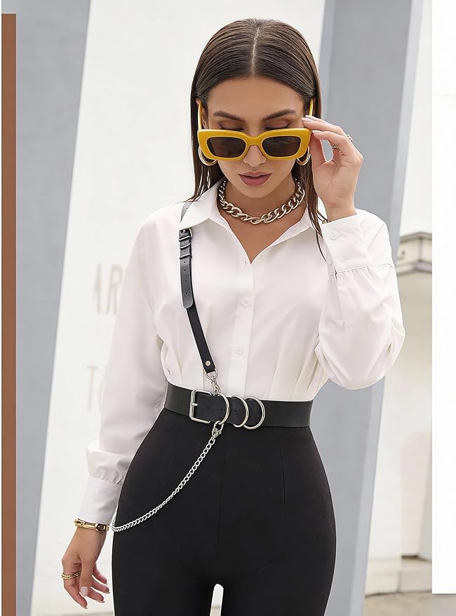 Women's Adjustable Faux Leather Double O-Ring Belt with Detachable Chain, Fashion Waist Belt, Two Wearing Styles, Chic Alloy Hardware, Fit Waist 21.5-36.0in