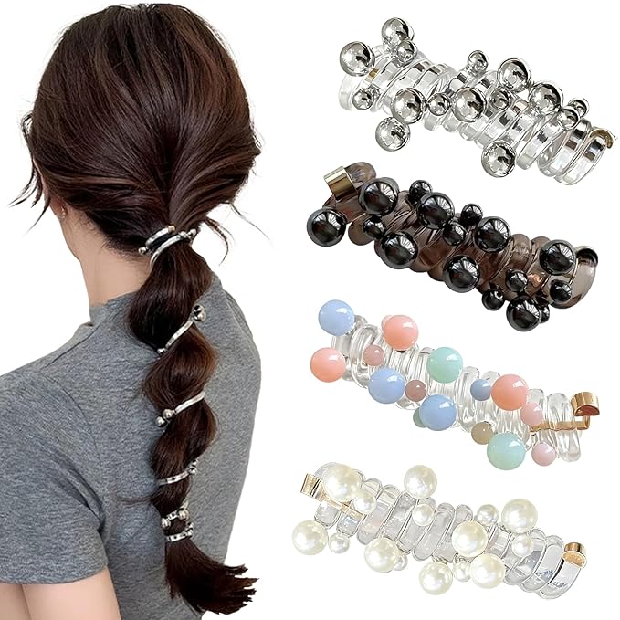 4PC Pearl Butterfly Telephone Wire Hair Ties – Spiral Elastic Bubble Ponytail Hair Bands for Women & Girls, No Damage, Soft & Stretchy Hair Accessories for High Ponytails and Braids(set-C)