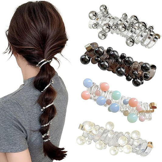 4PC Pearl Butterfly Telephone Wire Hair Ties – Spiral Elastic Bubble Ponytail Hair Bands for Women & Girls, No Damage, Soft & Stretchy Hair Accessories for High Ponytails and Braids(set-C)