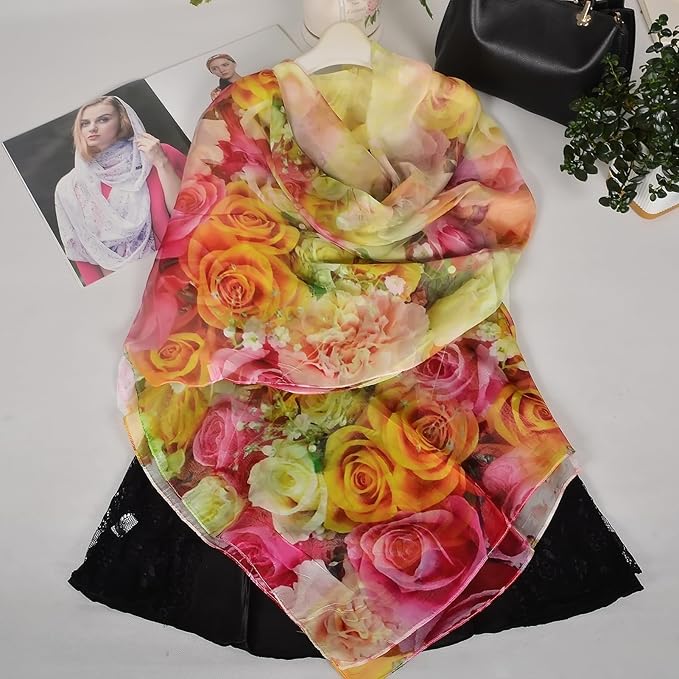 100% Mulberry Silk Women's Neck Silk Scarf-Lightweight Shawl,FLoral Print Beach Silk Wrap-Scarves for Photography