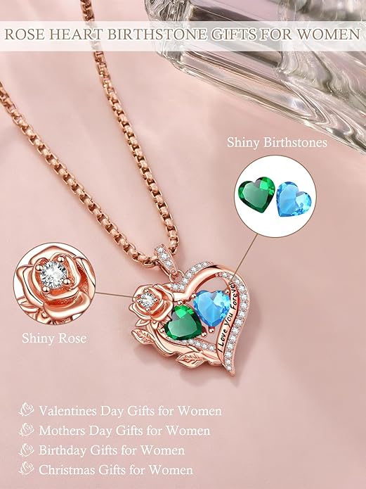 Rose Heart Necklaces for Women, Rose Gold Forever Love Jewelry with 2 Birthstones Pendant, Christmas Anniversarry Birthday Gifts for Her Wife Mom Grandma, 18+2 Inch Chain
