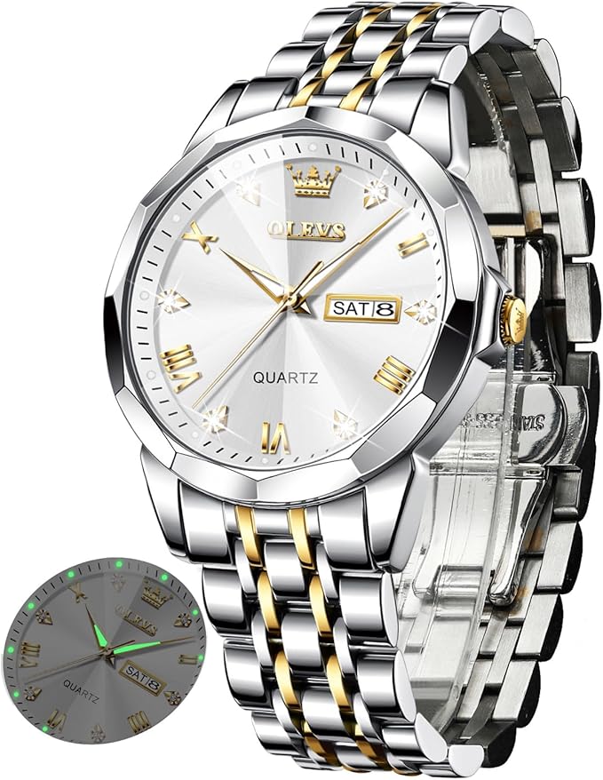 OLEVS Watch for Men Women Large Face Unisex Diamond Luxury Dress Analog Quartz Stainless Steel Waterproof Luminous Date Business Casual Wrist Watch