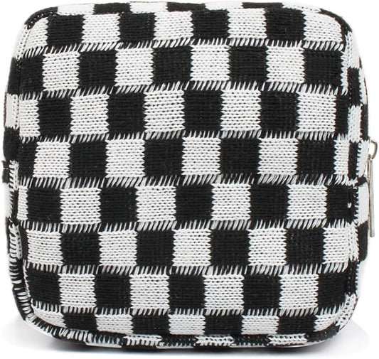 Small Black Makeup Bag for Purse, Mini Checkered Cosmetic Bag Zipper Cute Make Up Pouch Travel Toiletry Bag Quilted Aesthetic Accessories Makeup Storage Bag Organizer for Women Girls