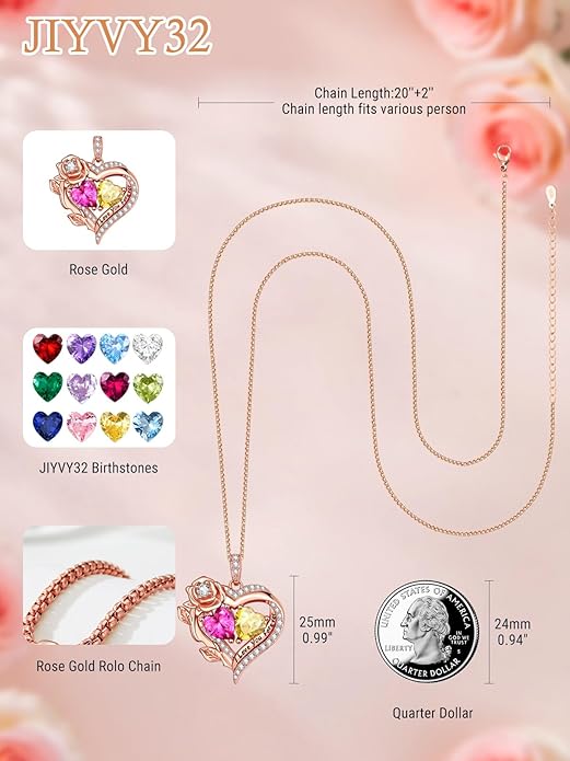 Rose Heart Necklaces for Women, Rose Gold Forever Love Jewelry with 2 Birthstones Pendant, Christmas Anniversarry Birthday Gifts for Her Wife Mom Grandma, 18+2 Inch Chain