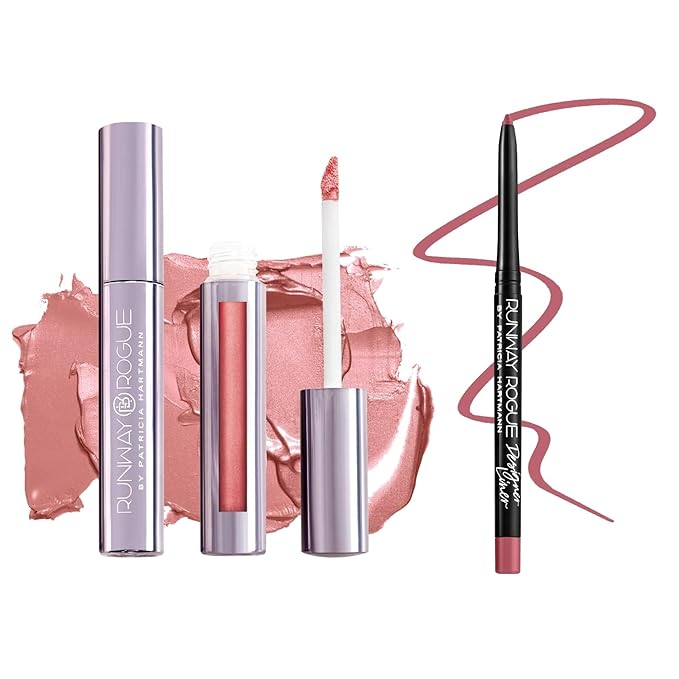 Runway Rogue ‘Jet Set’ Blush-Pink Silk Glam Long Wear Liquid Lipstick Bundle with ‘Camera Ready’ Matte Rose-Pink Designer Liner Lip Liner