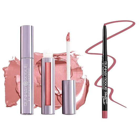 Runway Rogue ‘Jet Set’ Blush-Pink Silk Glam Long Wear Liquid Lipstick Bundle with ‘Camera Ready’ Matte Rose-Pink Designer Liner Lip Liner
