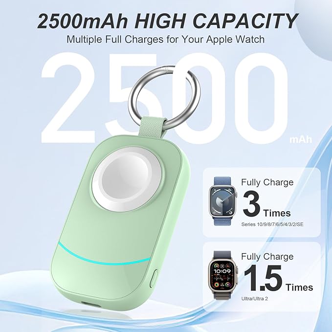 Portable Travel Charger for Apple Watch Series 11-2500mAh Wireless Keychain Charger for Apple Watch Series 10/9/8/7/6/5/4/3/2/UItra 2/UItra 3/SE 2/SE 3 Green