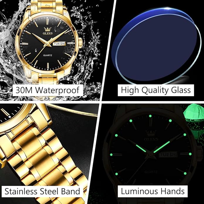 Men's Casual Stainless Steel Watch, Big Face Easy to Read Analog Quartz Watch with Day and Date, Classic Waterproof Diamond Roman Arabic Numerals Dial Dress Watch for Men, Gold Silver Black Band