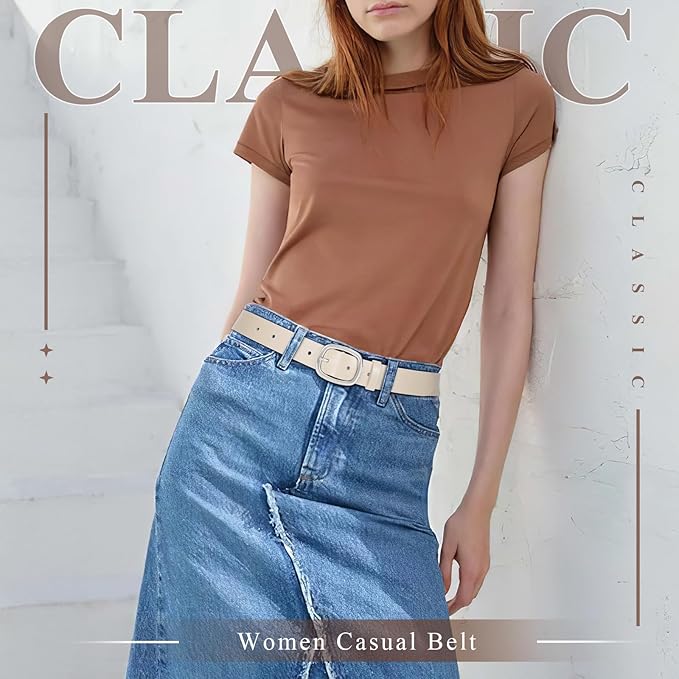 WHIPPY Women Leather Belt Casual Fashion Gold Buckle Leather Waist Belt for Jeans Pants Dresses Chic Ladies Belt