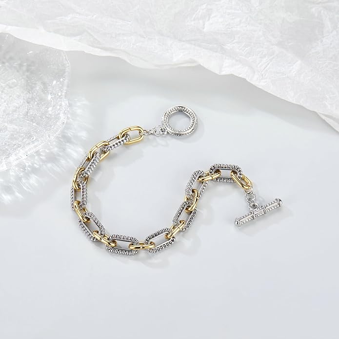 Mytys Link Bracelet for Women Gold and Silver 2 tone Circles Chain Wire Bangle Bracelets