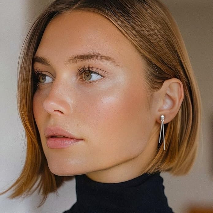 14K White Gold Dangle Bar Drop Earrings for Women Polished Linear Minimalist Line Push Back Birthday Gift