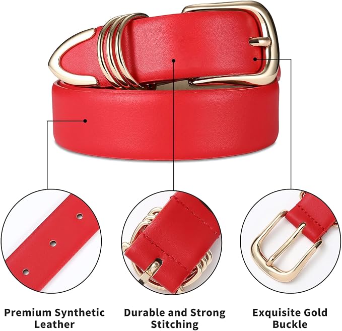 Women's Leather Belts with Gold Buckle Fashion Leather Waist Belt Elegant Ladies Belts for Jeans Dress & Casual Wear