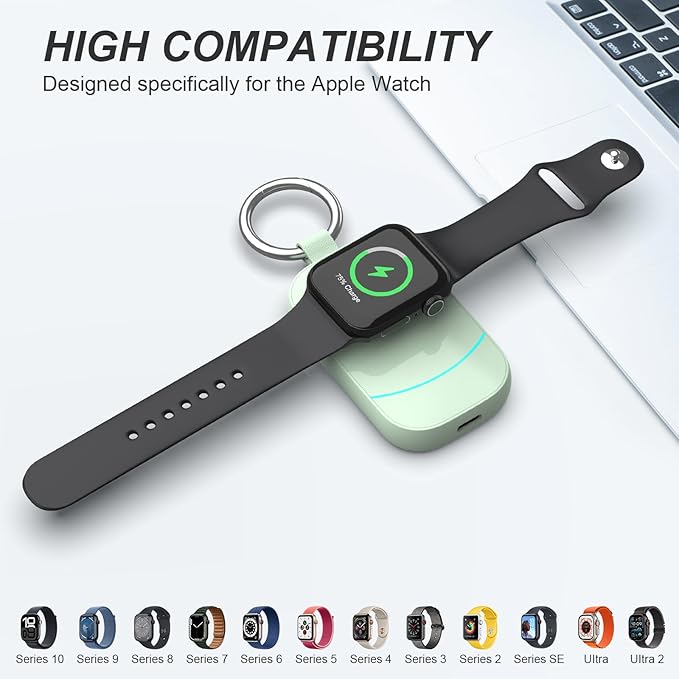 Portable Travel Charger for Apple Watch Series 11-2500mAh Wireless Keychain Charger for Apple Watch Series 10/9/8/7/6/5/4/3/2/UItra 2/UItra 3/SE 2/SE 3 Green