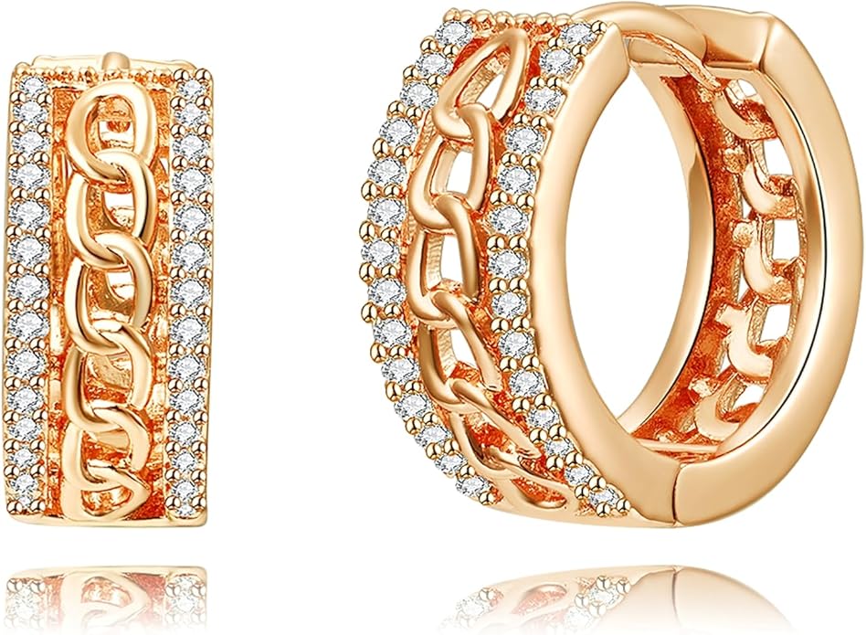 14K Gold Plated Cubic Zirconia Hoop Earrings,Three Row Diamon | Arrows | Double Row of Diamonds Huggie Earrings for Women