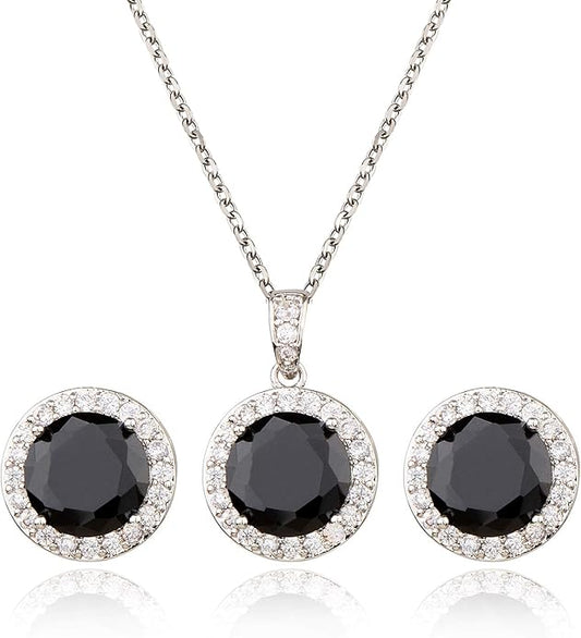 Bridal Crystal Jewelry Set - Sterling Silver Round Cubic Zirconia CZ Rhinestone Halo Birthstone Pendant Necklace Stud Earrings Set for Wedding Bride Bridesmaids Birthday Gift