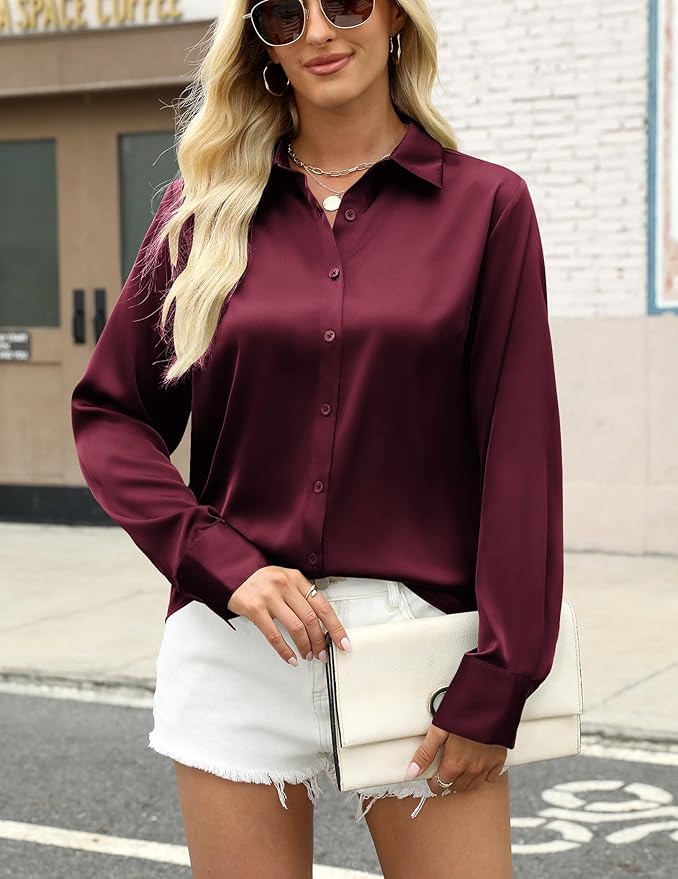 Zeagoo Satin Blouses for Women Silk Button Down Shirts Long Sleeve Business Casual Tops