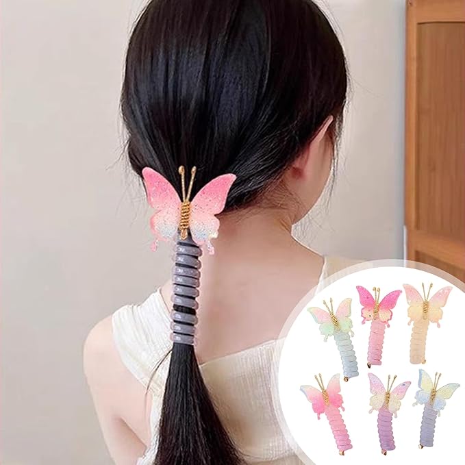 6PC Pearl Butterfly Telephone Wire Hair Ties – Spiral Elastic Bubble Ponytail Hair Bands for Women & Girls, No Damage, Soft & Stretchy Hair Accessories for High Ponytails and Braids (set-F)
