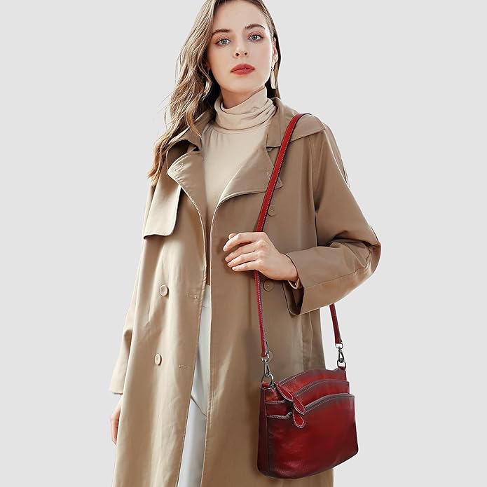 HESHE Crossbody Bags for Women Genuine Leather Purses with Multi-Pockets Vintage Ladies Small Shoulder Satchel Bag
