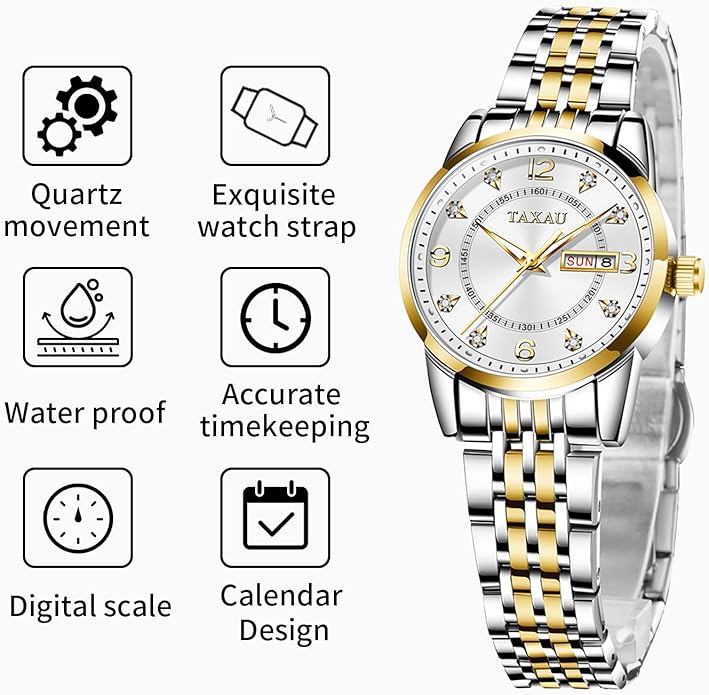 Womens Watch Fashion Dress Waterproof Silver Watches for Women Casual Easy Read Quartz Analog Women's Watch Two Tone Stainless Steel Ladies Watches with Day Date