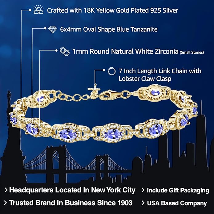 Gem Stone King 18K Yellow Gold Plated Silver Oval Gemstone Birthstone Tennis Bracelet For Women | Oval 6X4MM | 7 Inch With 1 Inch Extender | Fine Jewelry Gifts for Her Mom Women Wife