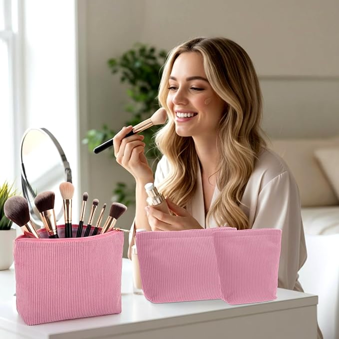 Sanwuta 3 Pack Corduroy Makeup Bag Set Cosmetic Toiletry Travel Pouch Organizer Velvet Makeup Bag for Women Large Pouch Zipper Purse Make up Organizer, Women Girls Gift(Peach Pink)