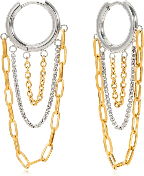 Tassel Chain Hoop Earrings for Women Trendy Two Tone Dangling Chain Earrings Hypoallergenic Fashion Jewelry Gifts