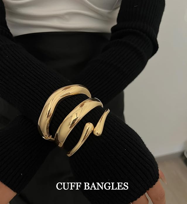 Chunky Gold Bangle Bracelets for Women, 14k Gold Plated Dainty Cuff Stackable Bangles Set, Trendy Bracelet Stack Fashion Jewelry Gifts
