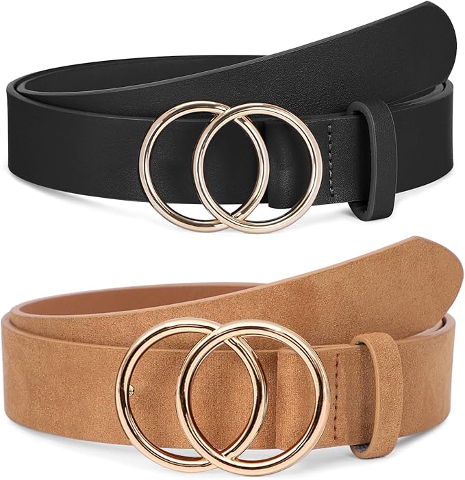 SUOSDEY Women Leather Belt Fashion Double O-Ring Soft Faux Leather Waist Belts For Jeans Dress