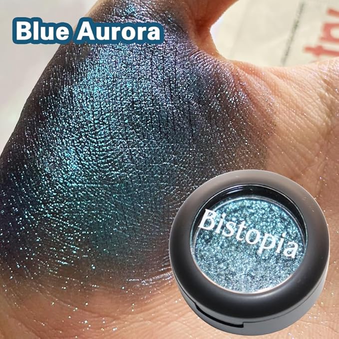 Bistopia Glitter Eyeshadow Collection, 14 Shades, Shimmer Pressed Powder, Metallic and Iridescent Colors (Blue Aurora)