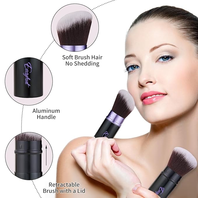Retractable Kabuki Makeup Brushes 2 Pcs Blush Brushes Set Portable Powder Brushes with Flat and Angled Top for Liquid Cream Cosmetics Travel, large/1.18inch(violet)