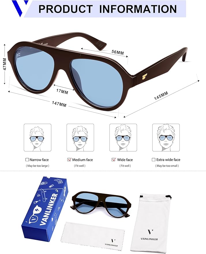 VANLINKER Retro Aviator Polarized Sunglasses for Men Women Trendy 70s Vintage Plastic Frame Sun Glasses VL9750