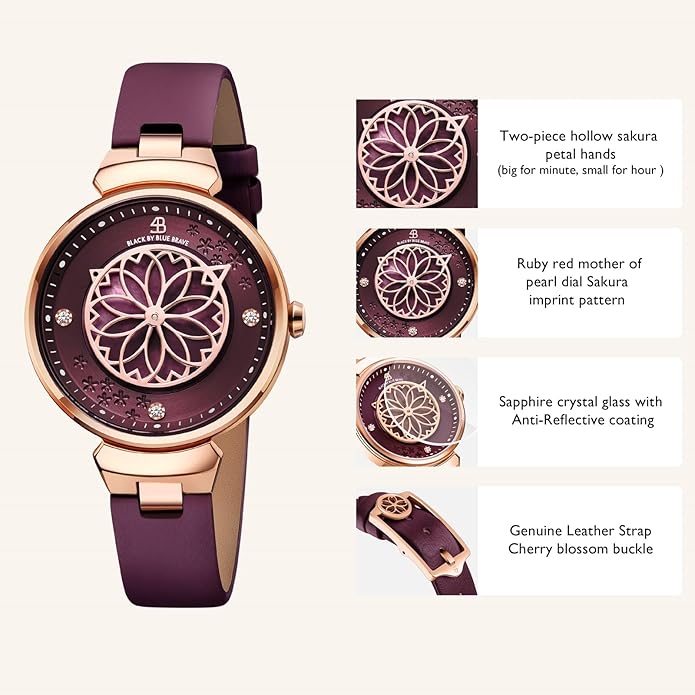 Women Watches Cherry Blossom Women's Watch Mother of Pearl Dial Ladies Watch with Leather Strap Sakura Petal Shape Cherry Blossom Watches for Women Sapphire Crystal Glass for Durability and Clarity