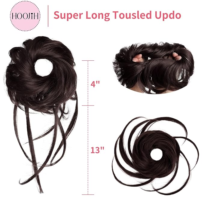 HOOJIH Messy Bun Hair Piece, Super Long Tousled Updo Hair Bun Extensions Wavy Hair Wrap Ponytail Hairpieces Scrunchies with Elastic Hair Band for Women HB007 Grace - Dark Brown
