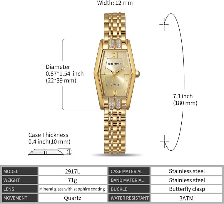 BERNY Gold Watches for Women Dainty Hexagon Ladies Quartz Wrist Watches Stainless Steel Band Fashion Analog Watch Luxury Bracelet
