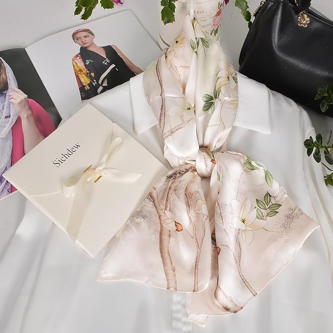 100% Mulberry Silk Scarf for Women Neck Oblong Headscarves Long Floral Print Lightweight Silk Wraps Shawls 67"*20"