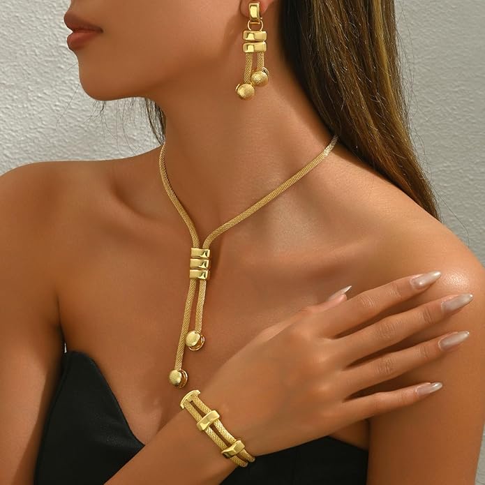 Gold Long Choker Necklace Set Gold Irregular Necklace Earrings Bracelet Fashion Chain Punk Jewelry Accessories for Women Valentine Anniversary Birthday Friendship Gift