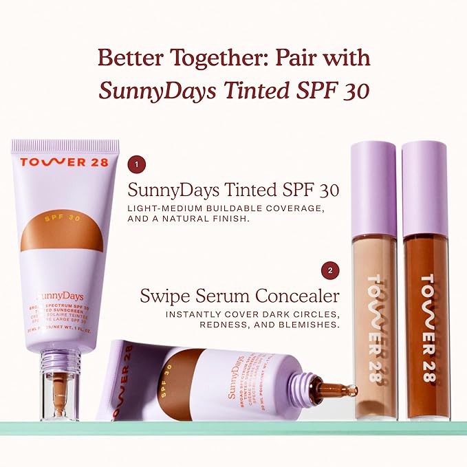 Tower 28 Beauty Swipe Serum Concealer - Hydrating Buildable Medium-Coverage Concealer with Skincare Benefits for Sensitive Skin - Shade 3.0 CC, Fair with Warm Undertones, 0.22 Fl Oz