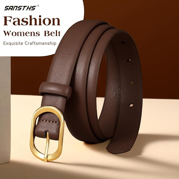 SANSTHS Women Belt for Jeans with Gold Oval Buckle, Thin Belt for Dresses Pants, Adjustable Waist Belt for Daily Fashion