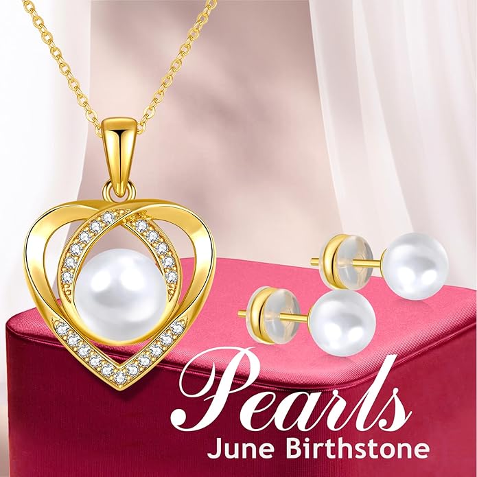 Pearl Necklace and Earring Set for Women, Gold Plated/925 Sterling Silver Heart Jewelry Set-Black Pearl Cubic Zirconia Gifts for Women Wife Mom-Wedding Anniversary Mothers Day Gifts