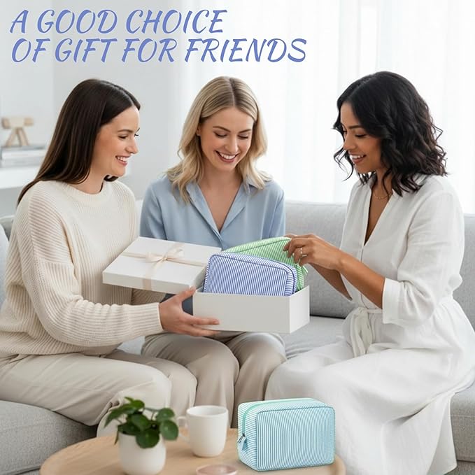 Sanwuta 3 Pcs Seersucker Makeup Bags Seersucker Cosmetic Bags Striped Women Large Travel Toiletry Organizer Preppy Storage Pouch for Embroidery Wedding Bridesmaid Gifts(Navy Blue, Green, Lake Blue)