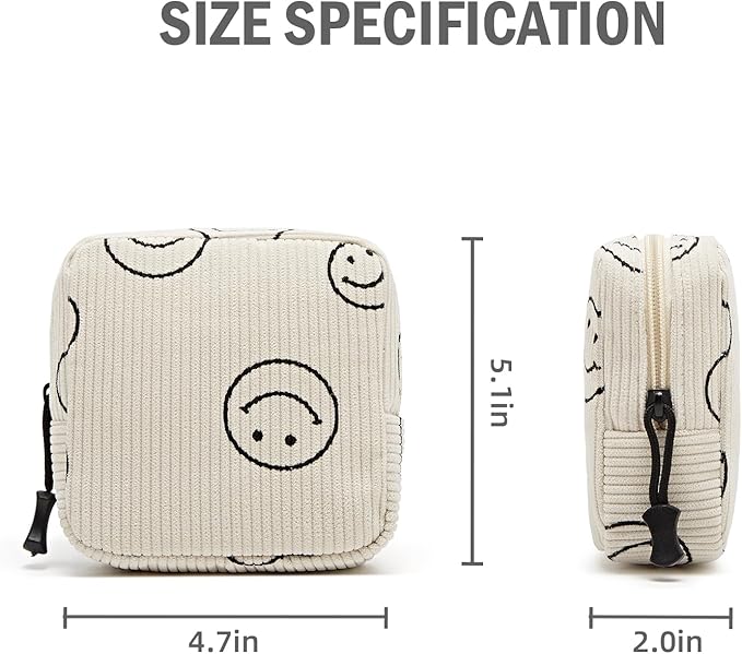 Small Makeup Bag for Purse,Mini Cosmetics Bag cute Zipper corduroy Cosmetic Pouch Storage Pouch Travel Toiletry Organizer for Women Girls(Smiley Face,Beige)