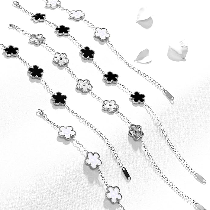 AICase 18K Gold Plated Clover Bracelet Dupes White/Black/Silver Bracelet Set for Women Flower Leaf Lucky Clover Bracelets Trendy Jewelry Birthday Gifts for Women/MoM/Daughter/Nana/Besties/Friends