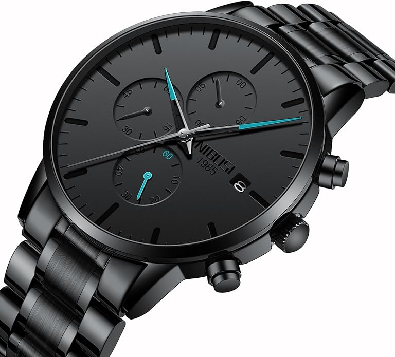 NIBOSI Men's Watches Analog Minimalist Black Dial Watches for Men Business Chronograph Military Casual Wrist Watches Stainless Steel Strap Date