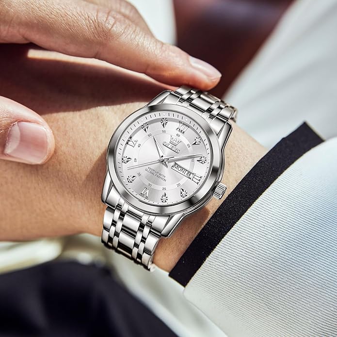OLEVS Men's Stainless Steel Watch, Large Face Roman Numerals Diamond Accented Three-Hand Analog Quartz Watches for Men, Easy to Read Day Date Waterproof Luminous Mens Wristwatch