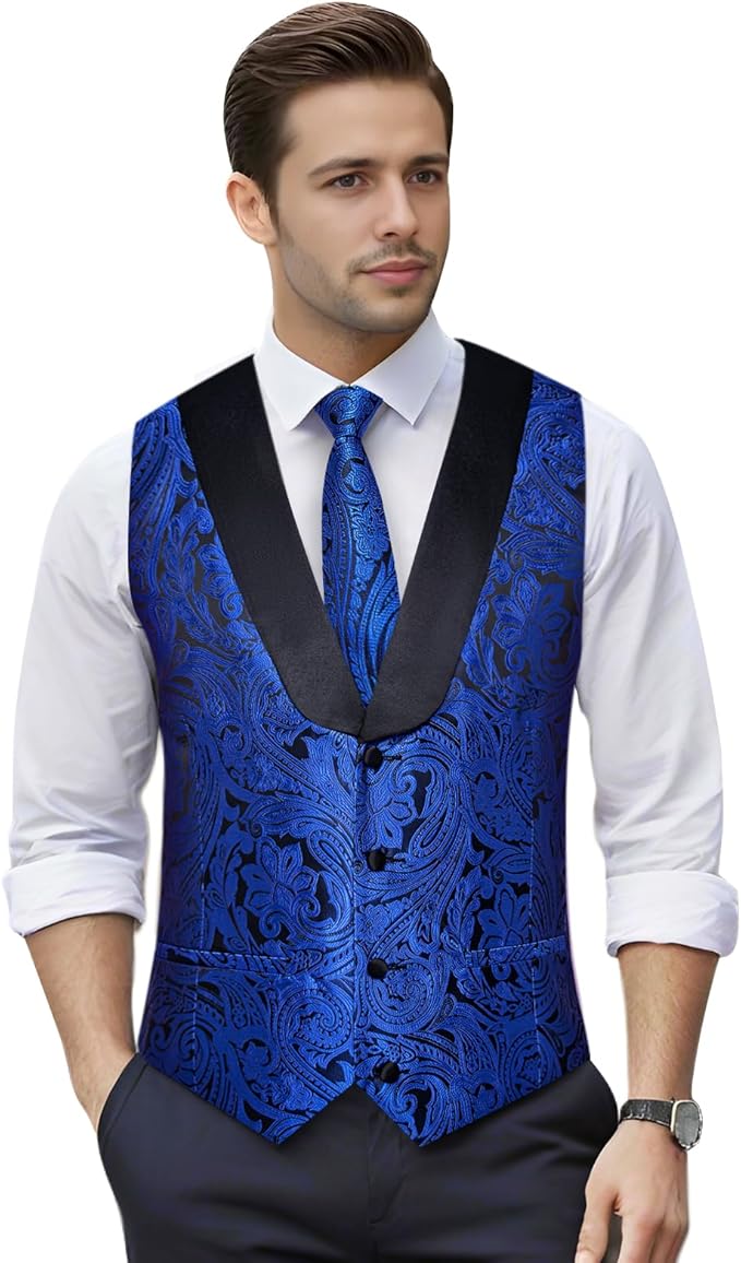 DiBanGu Mens Paisley Suit Vest Silk Jacquard Waistcoat and Necktie Set Formal Shawl Collar Dress Vest 7PCS for Wedding Party